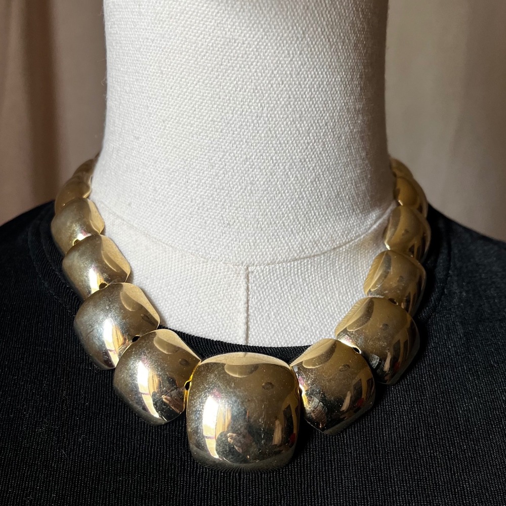 Vintage Gold Sculptural Collar Necklace Chunky Modernist Statement 17" Bib